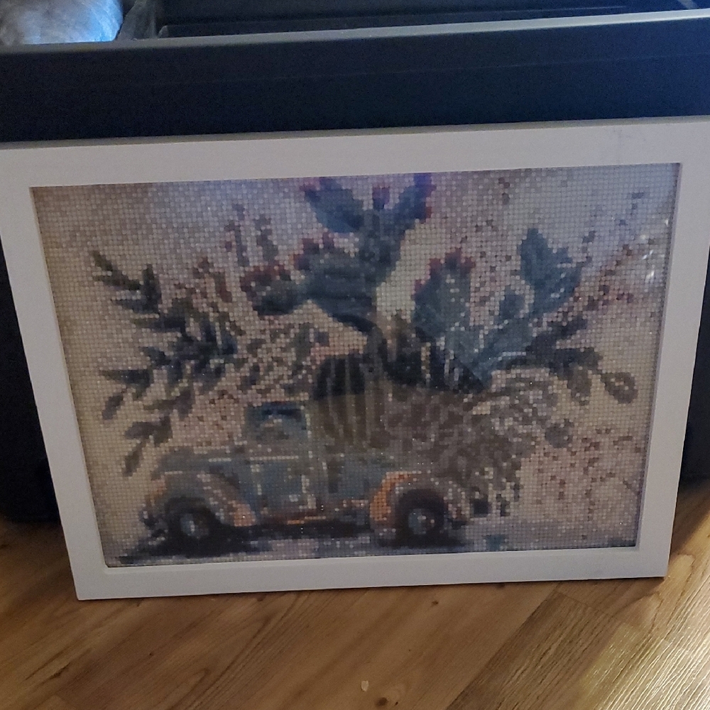 Framed Vintage Truck Art with Floral Design